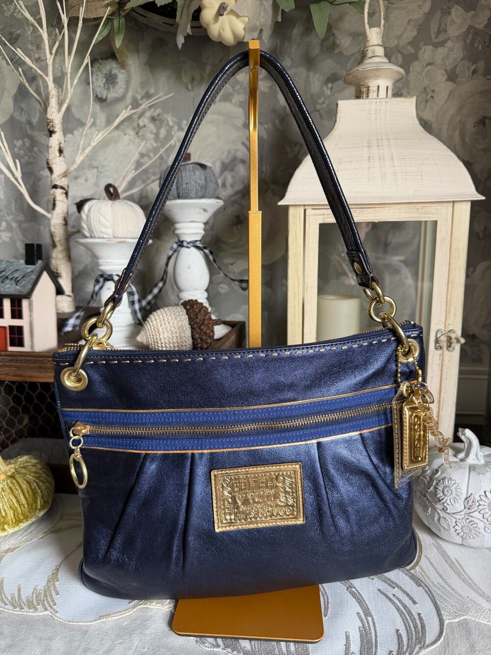 Y2K Coach POPPY Signature Sapphire Blue Leather Convertible Shoulder Bag RARE
